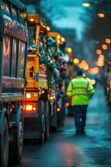 Evening waste collection in urban area with trucks lined up and worker in high visibility clothing. Generative AI