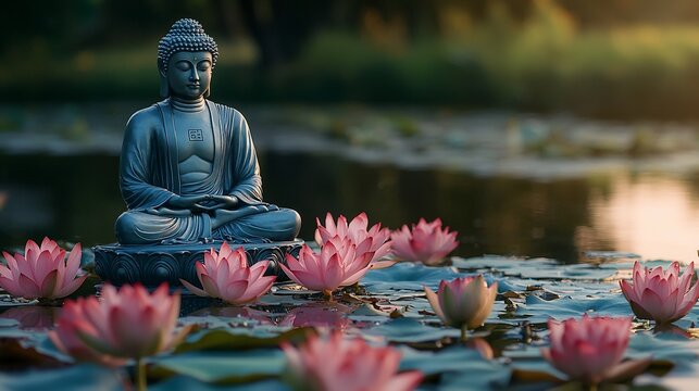 Serene Buddha statue meditating amidst pink lotus flowers on a calm pond at sunset.