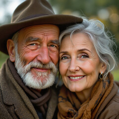 Smiling elderly couple with warm expressions posing closely together on a blurred green background 