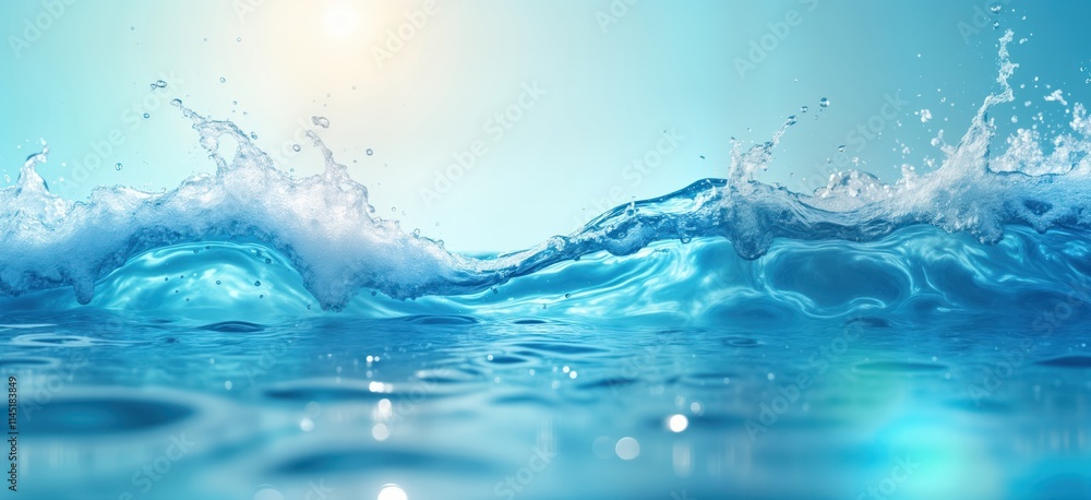 Aufkleber clear transparent blue water surface with splashes, bubbles. water waves with sunlight. abstract sum