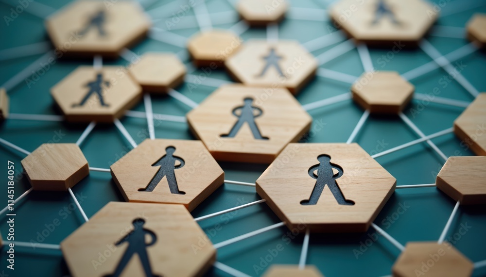 Poster wooden hexagonal shapes interconnected with lines represent employees. network structure shows conne