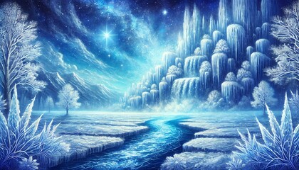 Ethereal Frozen Waterfall Beneath a Vibrant Blue Sky in a Mystical Winter Wonderland