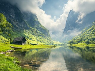 Obraz premium Serene landscape featuring a calm lake, mountains, and a rustic cabin.