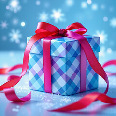 Elegant festive box with a blue checkered pattern and red ribbon, bow on a blue background with snowflakes
