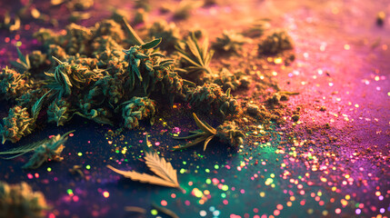 A scattered heap of ground cannabis and dense buds on a multicolor glowing abstract ground.