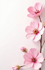 Pink cosmos flowers on a stem with closed buds and open blooms, gracefully arranged against a clean white background, highlighting their delicate petals and natural beauty