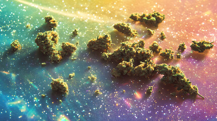 A scattered heap of marijuana crumbs and glossy buds resting on a glowing rainbow-gradient surface.