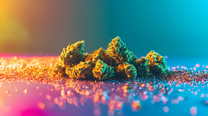 A scattered heap of marijuana crumbs and glossy buds resting on a glowing rainbow-gradient surface.
