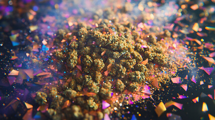 A scattered pile of crushed marijuana and dense buds displayed on a kaleidoscope-like multicolored surface.
