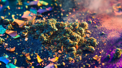 A scattered pile of crushed marijuana and dense buds displayed on a kaleidoscope-like multicolored surface.