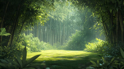 A tropical jungle clearing bordered by towering bamboo stalks and dense vines with a soft breeze stirring the foliage.