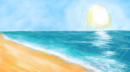 A serene beach scene drawn with oil pastels showing a turquoise ocean meeting a sandy shore under a bright sun.