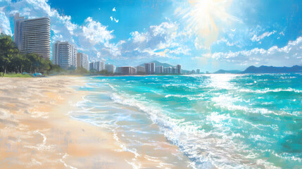 A serene beach scene drawn with oil pastels showing a turquoise ocean meeting a sandy shore under a bright sun.