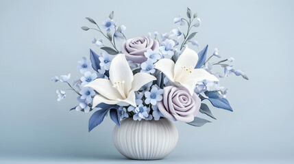 A serene paper flower bouquet with lavender roses pale blue forget-me-nots and white lilies arranged in a ceramic vase.