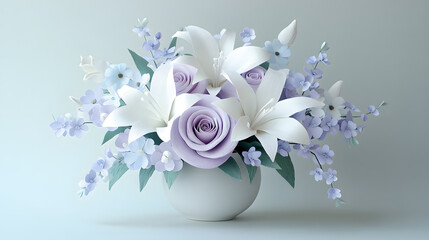 A serene paper flower bouquet with lavender roses pale blue forget-me-nots and white lilies arranged in a ceramic vase.