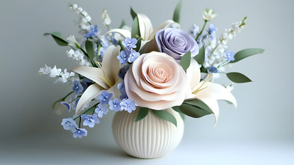 A serene paper flower bouquet with lavender roses pale blue forget-me-nots and white lilies arranged in a ceramic vase.