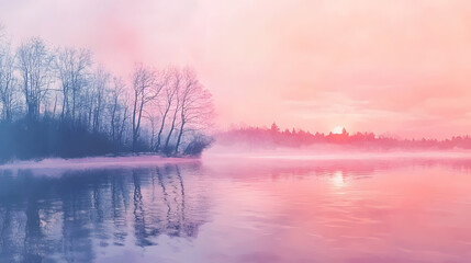 A serene riverbank drawn with oil pastels showcasing calm water reflecting trees and a pink sunset.