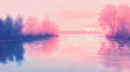 A serene riverbank drawn with oil pastels showcasing calm water reflecting trees and a pink sunset.