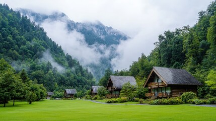 Fototapeta premium Misty mountain valley with charming wooden cabins.