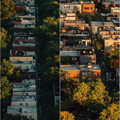 Photograph of a split urban neighborhood, showing one affluent area with bright lighting and the other underdeveloped and shadowed.