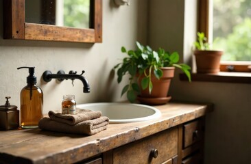 A rustic bathroom scene featuring a wooden counter, a bottle, and a jar atop a towel, complemented by a potted plant, all bathed in natural light from a window