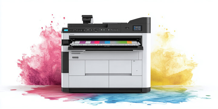 High-quality large-format professional printer with vibrant color samples on a clean white background, emphasizing modern printing technology.