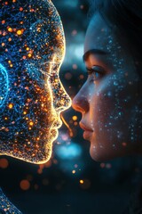 Digital connection between human and artificial intelligence at twilight with glowing data points. Generative AI