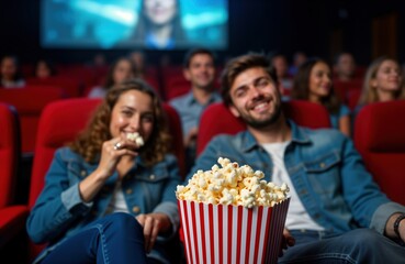 Obraz premium Couple enjoying movie night at cinema. Seated in red seats. Woman, man smile happily eating popcorn. Dark auditorium with screen showing film. Look focused, happy. Photo captures moment of fun,