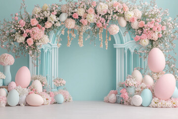Obraz premium A pink room with a pink archway and pink balloons