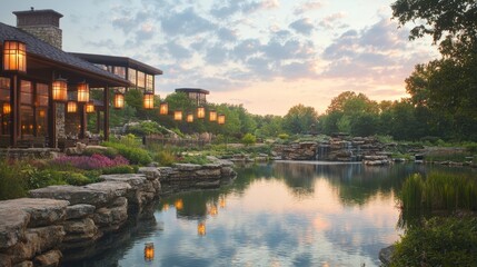 Serene landscape with a pond, lush greenery, and a cozy building at sunset.