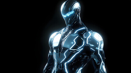 A sleek futuristic humanoid with glowing blue circuits embedded in metallic silver armor standing against a black background.
