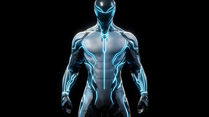A sleek futuristic humanoid with glowing blue circuits embedded in metallic silver armor standing against a black background.