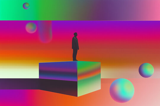 A man stands on a platform in front of a colorful background