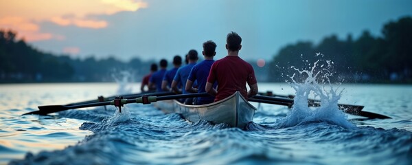 Rowing team moves fast on water at dusk. Athletes row actively in boat. Teamwork, effort create dynamic image. Water splashes high. Sporty team. Teamwork concept. Active, strong team. Rowers, boat in