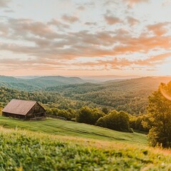 Serene landscape with a rustic barn at sunset, surrounded by rolling hills.