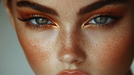 Fototapeta premium Close-up of a model's face showcasing vibrant makeup and freckles.