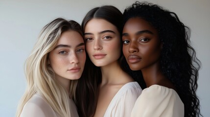 Obraz premium Three women showcasing diverse beauty with natural makeup and soft expressions in a minimalistic studio setting