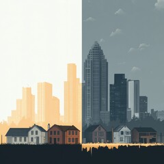 Obraz premium Illustration of a symbolic split landscape, showing wealthy skyscrapers on one side and modest homes on the other. Thick outlines, muted tones, and a dividing crack emphasize economic disparity