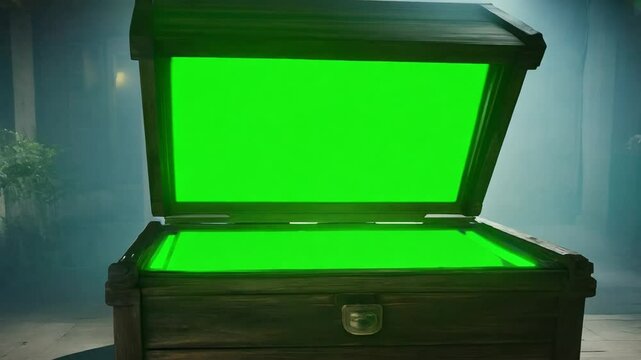 Old wooden chest opening revealing a bright green glow, perfect for visual effects and compositing