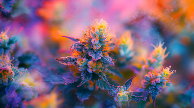 A striking combination of finely ground weed and fresh buds spread across a vivid tie-dye patterned ground.