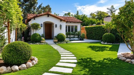Fototapeta premium Charming Spanish-style house with lush green lawn, stone pathway, and manicured hedges.