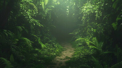 Obraz premium A tropical jungle clearing with a dirt path leading deeper into the dense greenery surrounded by cascading vines and ferns.