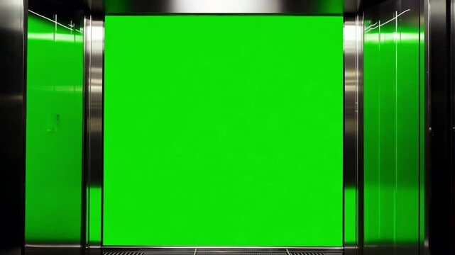 Modern elevator doors opening revealing a green screen, perfect for keying or compositing