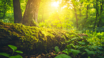A tropical jungle clearing with a fallen tree trunk overgrown with moss and vines illuminated by soft sunlight through the canopy.
