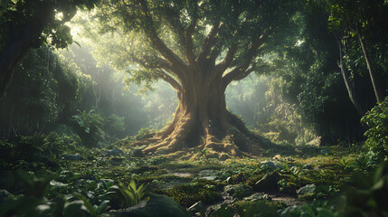 A tropical jungle clearing with a single giant tree at its center its massive roots intertwined with thick vines and moss.