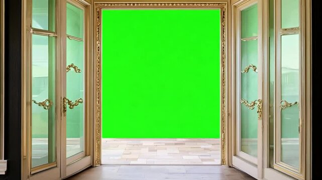 Opulent golden-framed double doors slowly swinging open, exposing verdant green screen backdrop for seamless visual effects compositing