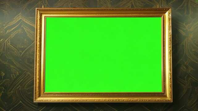 Golden picture frames hanging on textured wallpaper, displaying green screen surface for mockup design