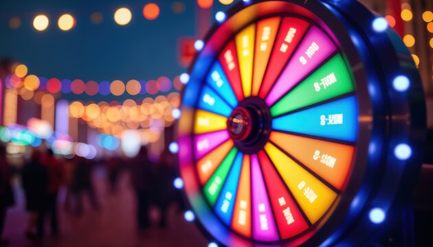 Colorful spinning wheel at carnival entertainment venue. Vibrant colors create excitement, anticipation. People present in background. Nighttime scene with festive atmosphere. Chance for prize - Powered by Adobe