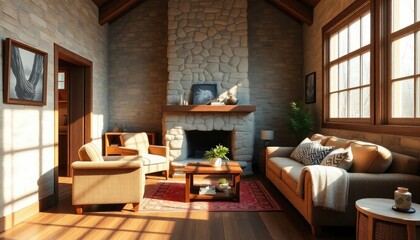 Fototapeta premium Sunny Cozy Cabin Stone Wall Living Room featuring dark wood skirting boards for natural charm