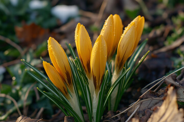 Crocus flowers blooming in spring garden with snow  
